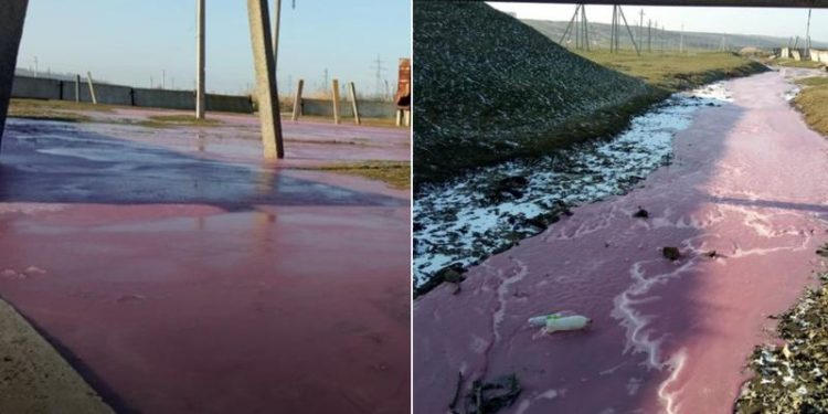 Caz straniu la Comrat: Râul s-a colorat într-o nuanță mov. Ce explicație au autoritățile