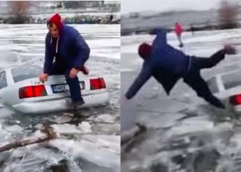 Cu mașina pe lacul înghețat. Amenda cu care s-a ales aventurierul șofer | VIDEO