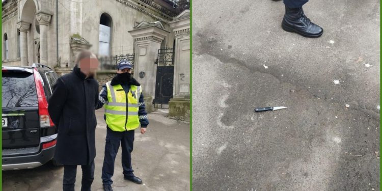 A scos cuțitul și a amenințat polițiștii pentru că i-au zis să nu meargă pe carosabil. Un bărbat a fost reținut | FOTO