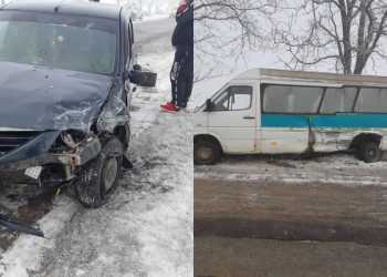 Un microbuz cu pasageri a ajuns în șanț după ce a fost lovit de o mașină pe contrasens. Sunt victime