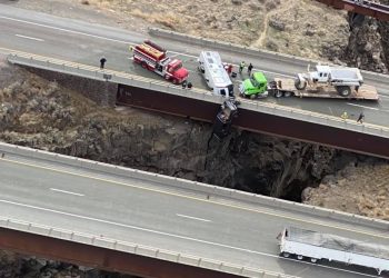 В США пикап вылетел с моста и завис над пропастью