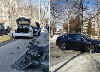 Accident „de lux” în capitală. O Tesla și un Mercedes s-au ciocnit violent | FOTO