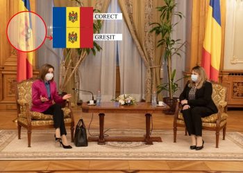 Gafă protocolară de proporții în cadrul vizitei de marți a Maiei Sandu la București: drapelul RM a fost arborat pe verso | VIDEO