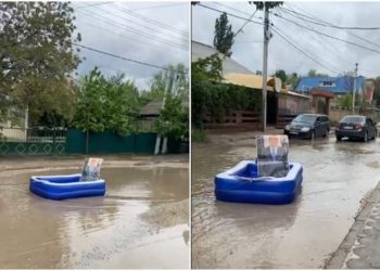 PACE a atras atenția la problema drumurilor din Bălți: Renato Usatîi a fost plimbat pe străzile orașului într-o barcă gonflabilă | VIDEO