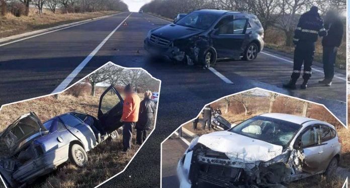 Accident rutier cu trei mașini în raionul Soroca, șoferul vinovat era beat, fără permis și cu doi copii mici în mașină
