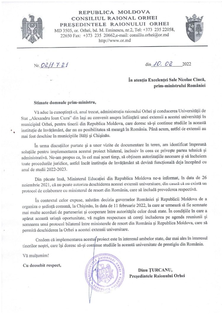 Dinu Țurcanu cere ca subiectul extensiei Universității din Iași la Orhei să fie discutat la ședința comună a guvernelor României și Republicii Moldova