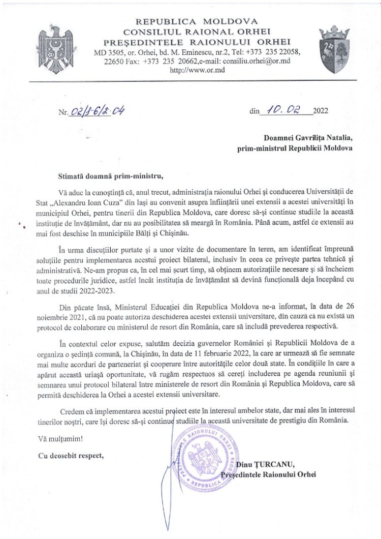 Dinu Țurcanu cere ca subiectul extensiei Universității din Iași la Orhei să fie discutat la ședința comună a guvernelor României și Republicii Moldova