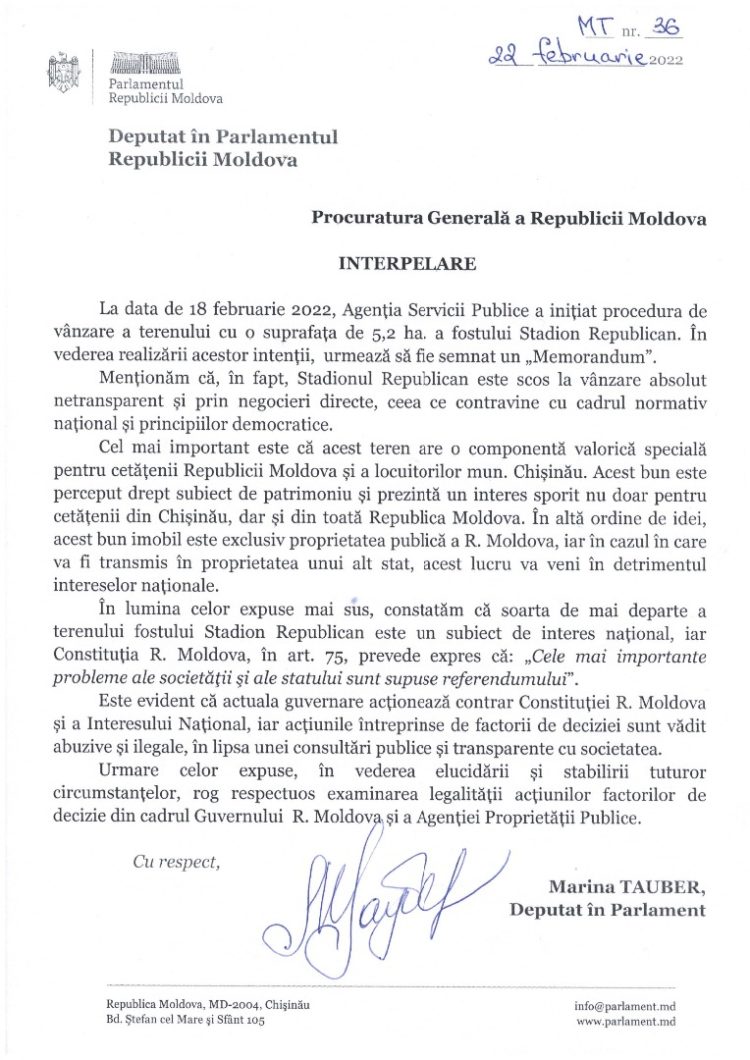 Partidul „ȘOR” cheamă Procuratura Generală să se expună asupra legalității înstrăinării fostului Stadion Republican