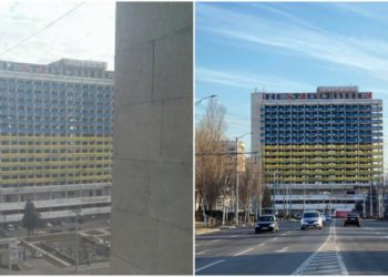 «Nu războiului»: Culorile drapelului ucrainean, pe fațada Hotelului Național