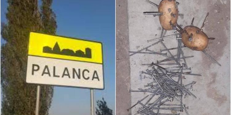 Cartofi în care se află cuie și care i-au deteriorat anvelopele mașinii, aruncați în direcția satului Palanca | FOTO
