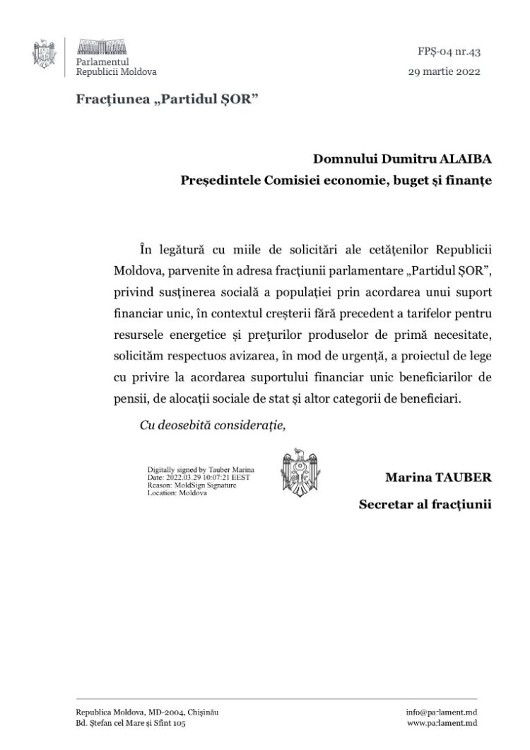 Ilan Șor cere ca cetățenilor să le fie acordat câte un ajutor unic de 10 mii de lei