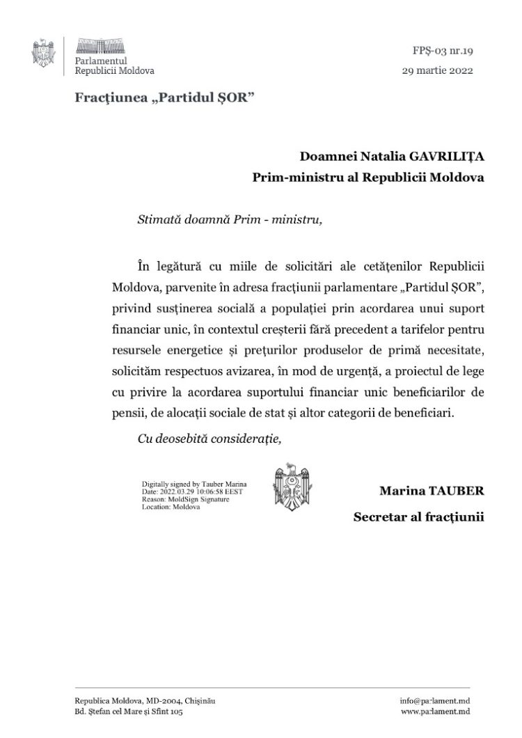 Ilan Șor cere ca cetățenilor să le fie acordat câte un ajutor unic de 10 mii de lei
