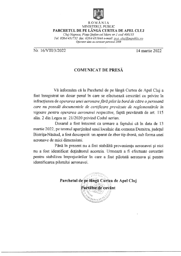 O dronă s-a prăbușit în apropiere de locuința unui bărbat din Bistrița. Parchet: „Nu a fost stabilită proveniența aeronavei”