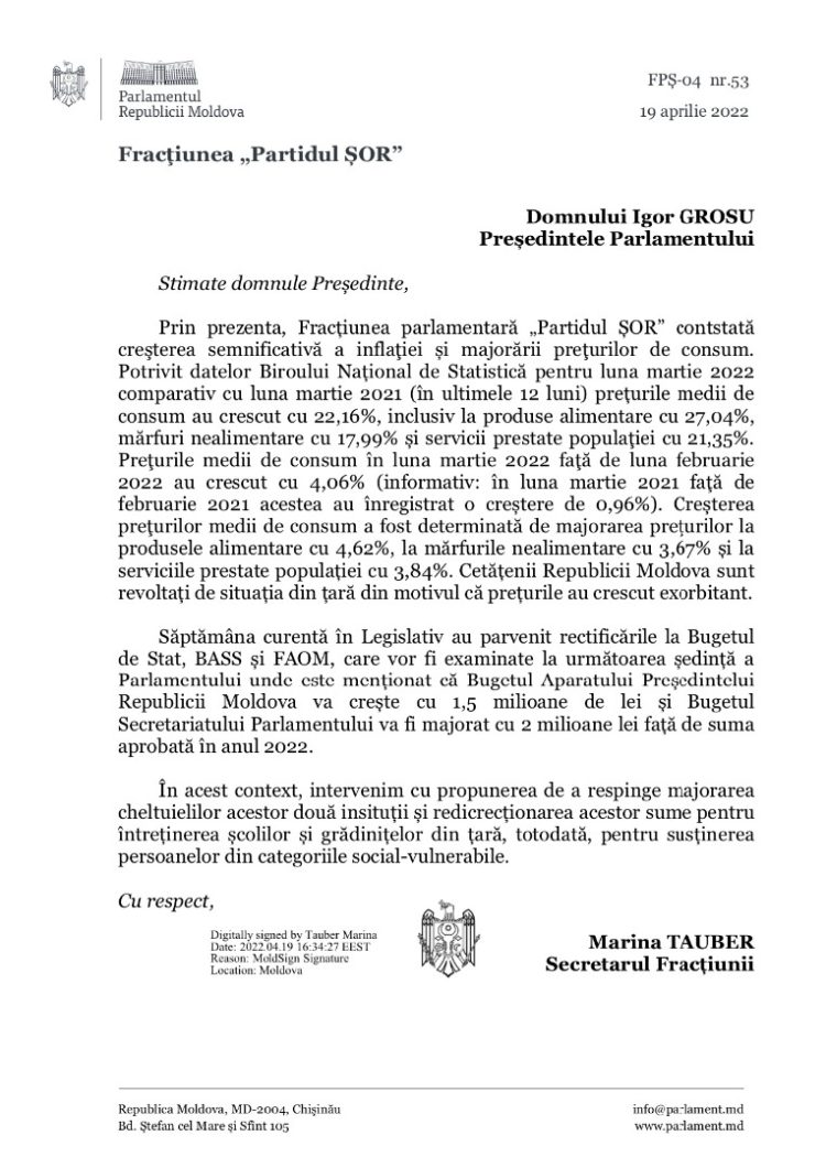 Partidul „ȘOR” le cere Maiei Sandu și lui Igor Grosu să renunțe la majorările bugetare pentru Președinție și Parlament și să aloce banii pentru școli și grădinițe