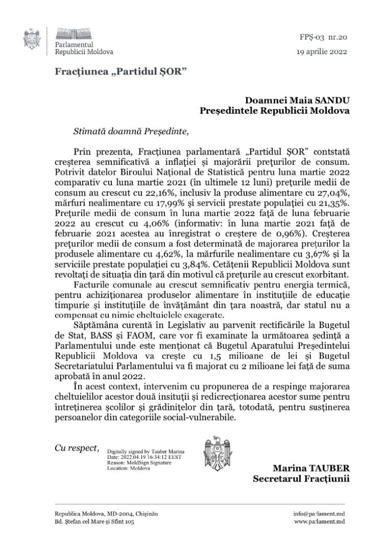 Partidul „ȘOR” le cere Maiei Sandu și lui Igor Grosu să renunțe la majorările bugetare pentru Președinție și Parlament și să aloce banii pentru școli și grădinițe