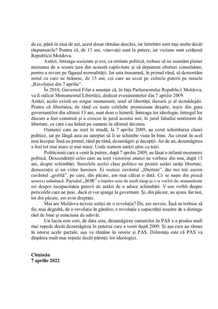 Partidul „ȘOR”: PAS reprezintă gruparea care a furat speranța protestatarilor din 7 aprilie 2009