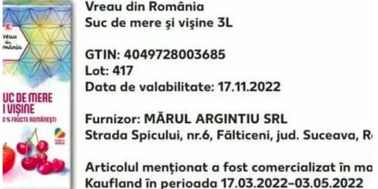 România: Kaufland retrage de la comercializare un lot de suc de mere şi vişine, în urma depăşirii valorii admise pentru patulină