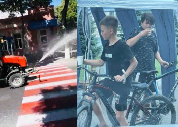 Străzile din Orhei, stropite cu apă, pentru a reduce disconfortul creat de caniculă. Au fost amenajate și corturi ca oamenii să poată sta la umbră și să bea apă | VIDEO