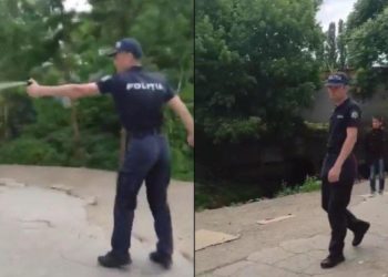 Polițist din Chișinău filmat cum pulverizează gaze lacrimogene spre doi bărbați în piața SH de la Gara Feroviară | VIDEO