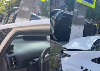 Accident matinal în capitală. O mașină a Ambasadei Georgiei s-a răsturnat după un impact cu un taxi | VIDEO