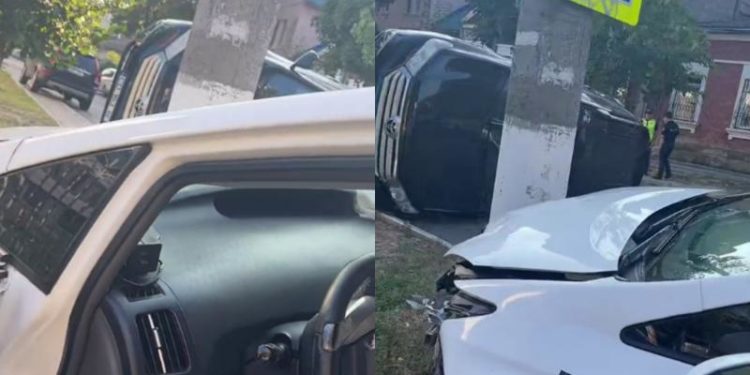 Accident matinal în capitală. O mașină a Ambasadei Georgiei s-a răsturnat după un impact cu un taxi | VIDEO