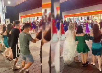 O horă moldovenească a răsunat la o stație PECO: Zeci de nuntași, cu tot cu mire și mireasă, surprinși cum dansează la benzinăria unde au oprit să facă plinul | VIDEO