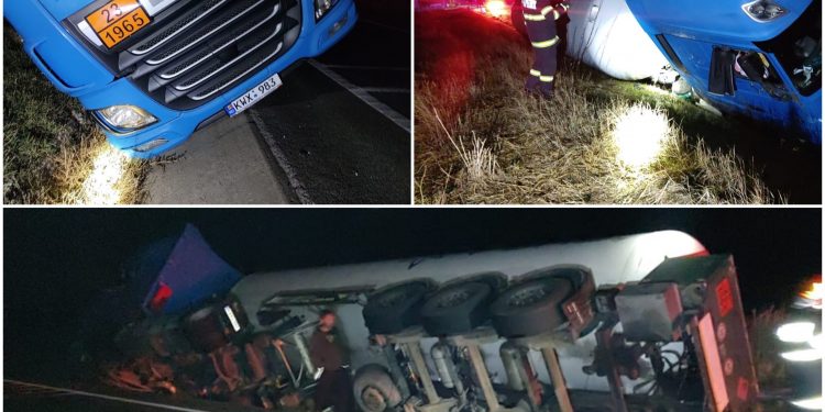 O autocisternă înmatriculată în R. Moldova, care transporta 19 tone de gaz lichefiat, s-a răsturnat în apropiere de Vama Albița