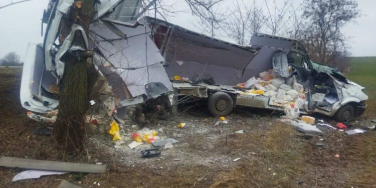 Микроавтобус вылетел с трассы и врезался в дерево. Сообщается о пострадавших