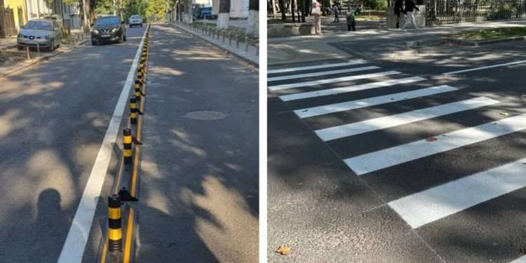 Delimitatoare pentru pista de cicliști – montate pe o stradă din Chișinău Mașinile vor circula doar pe o bandă