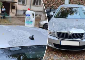 Dimineață cu ghinion pentru un șofer din Chișinău: Cineva i-a stropit mașina cu substanțe chimice, deteriorând-o | VIDEO