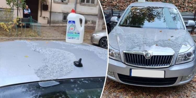 Dimineață cu ghinion pentru un șofer din Chișinău: Cineva i-a stropit mașina cu substanțe chimice, deteriorând-o | VIDEO