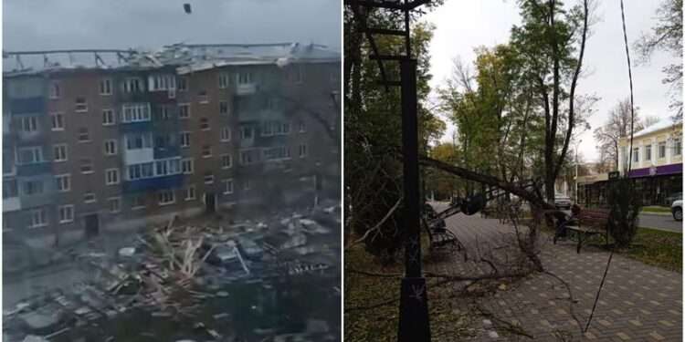 Acoperișuri făcute bucăți, copaci doborâți la pământ și o arcă din fier, căzută peste trotuar: Vântul puternic a făcut ravagii la Tiraspol | VIDEO