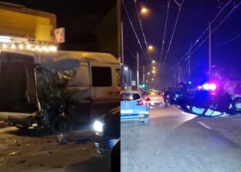 Accident nocturn în capitală: Un Audi s-a răsturnat, după ce s-a izbit de un stâlp, apoi într-un microbuz la o intersecție