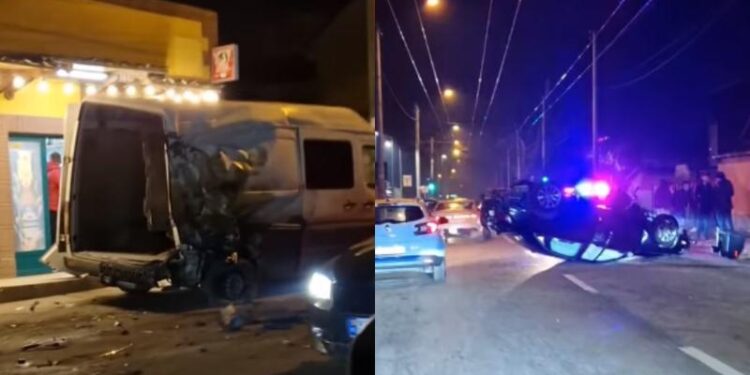 Accident nocturn în capitală: Un Audi s-a răsturnat, după ce s-a izbit de un stâlp, apoi într-un microbuz la o intersecție
