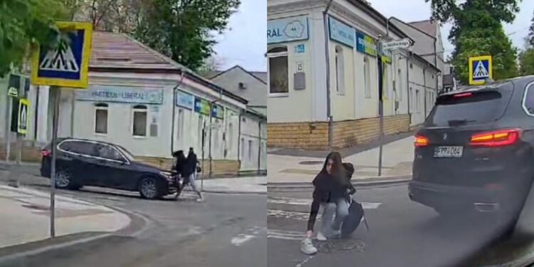Momentul în care o tânără e lovită de un BMW chiar pe o trecere de pietoni, lângă un liceu din capitală: Șoferul nici nu a coborât din mașină