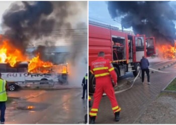 România: Un autocar cu 30 de elevi a luat foc, în mers