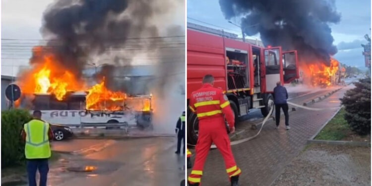 România: Un autocar cu 30 de elevi a luat foc, în mers