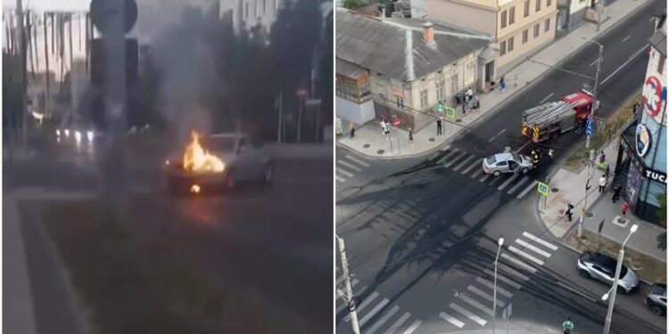 Un automobil, cuprins de flăcări în mijlocul unei străzi din centrul capitalei: Au intervenit pompierii