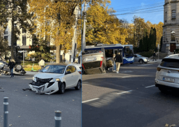 Accident violent lângă USM: O Honda s-a răsturnat, după ce s-a lovit cu o Lancia