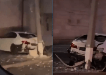 Accident rutier pe strada 27 Martie: Un BMW a lovit un pilon electric