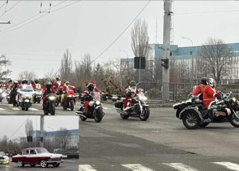 Au schimbat renii pe motociclete și mașini decapotabile: Zeci de bikeri, mascați în Moș Crăciun, au cutreierat capitala în prag de Anul Nou