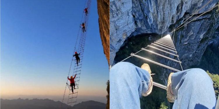 „China adaugă o nouă atracție impresionantă: scara suspendată la 1.500 de metri