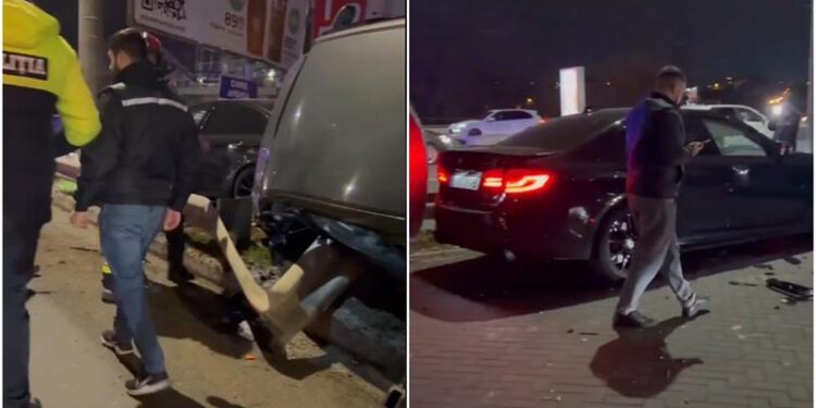 Accident pe viaduct: Un BMW și o Honda implicate, una dintre mașini s-a răsturnat după impact cu parapetul metalic