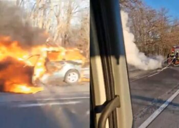 Incendiu puternic în raionul Strășeni. Un automobil a fost distrus de flăcări