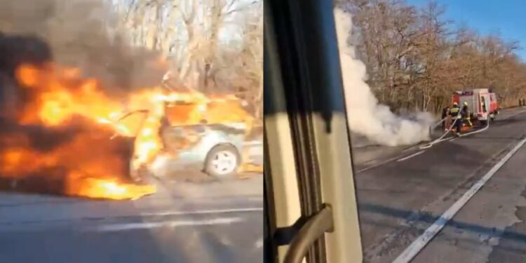 Incendiu puternic în raionul Strășeni. Un automobil a fost distrus de flăcări