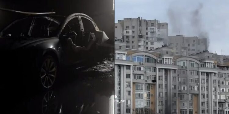 Пожар в подземной парковке в столице. Тесла почти полностью сгорела