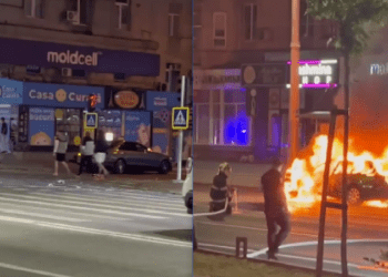 Accident violent în centrul Capitalei: O mașină a luat foc după impact