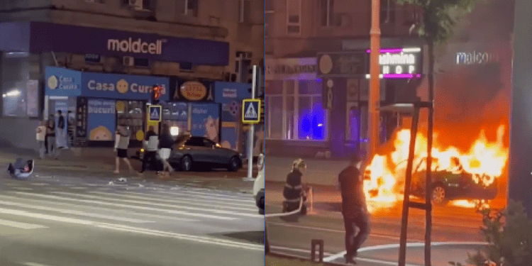 Accident violent în centrul Capitalei: O mașină a luat foc după impact