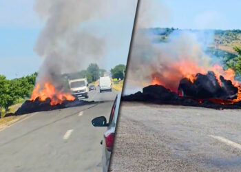 Remorcă cu paie cuprinsă de flăcări pe un drum din Telenești: focul ar fi pornit de la o țigară