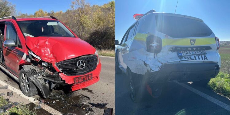Coliziune între un Mercedes și o mașină de poliție lângă Costești